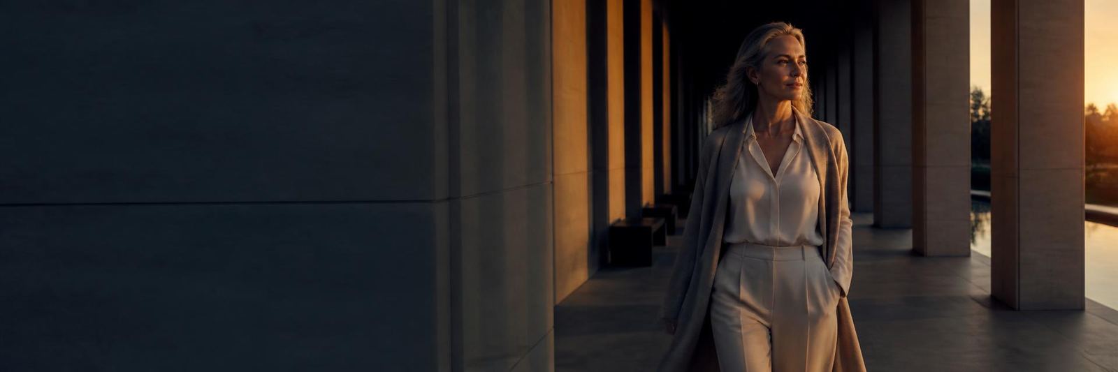A woman walking unhurried along a quiet modern colonnade at dusk — authorship, calm resolve.