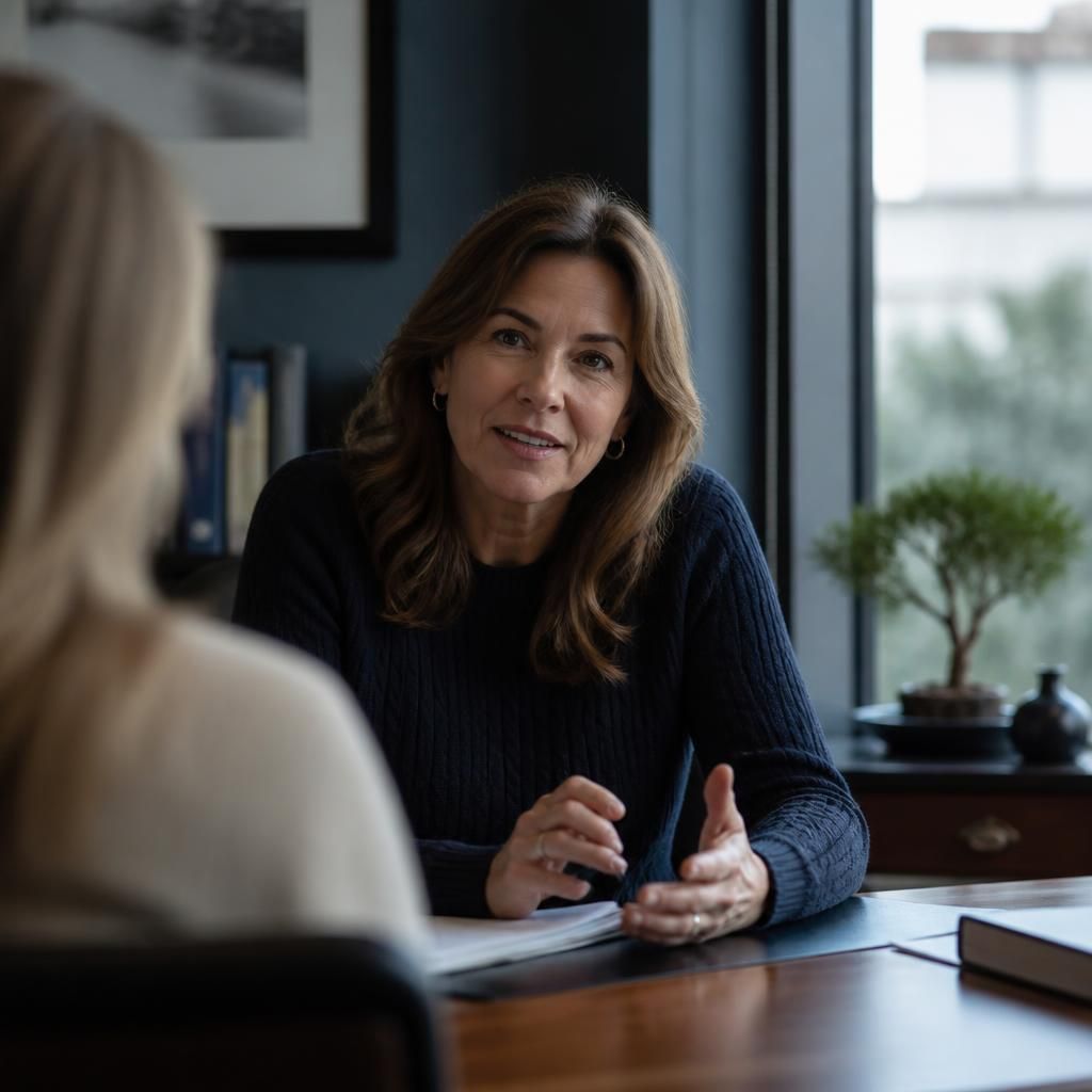 An independent US-licensed physician at a desk by a window, mid-conversation with warm attentive presence.