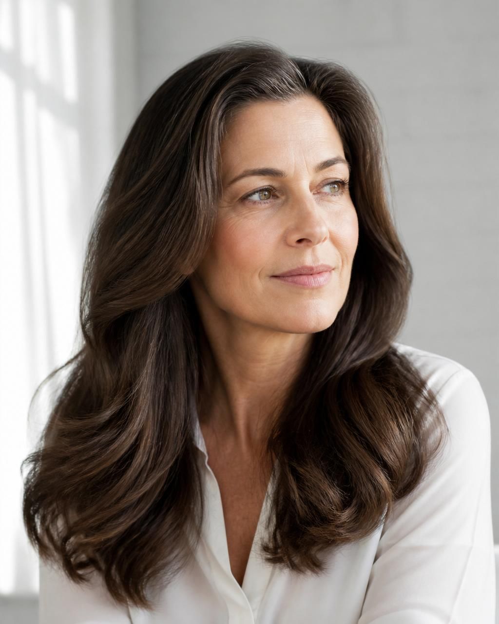 Elegant woman in her early 50s with full, thick, lush, glossy healthy hair catching soft natural light.
