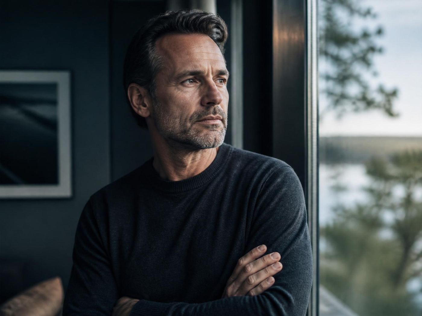 A man in his late 40s standing at a window in calm directional morning light.