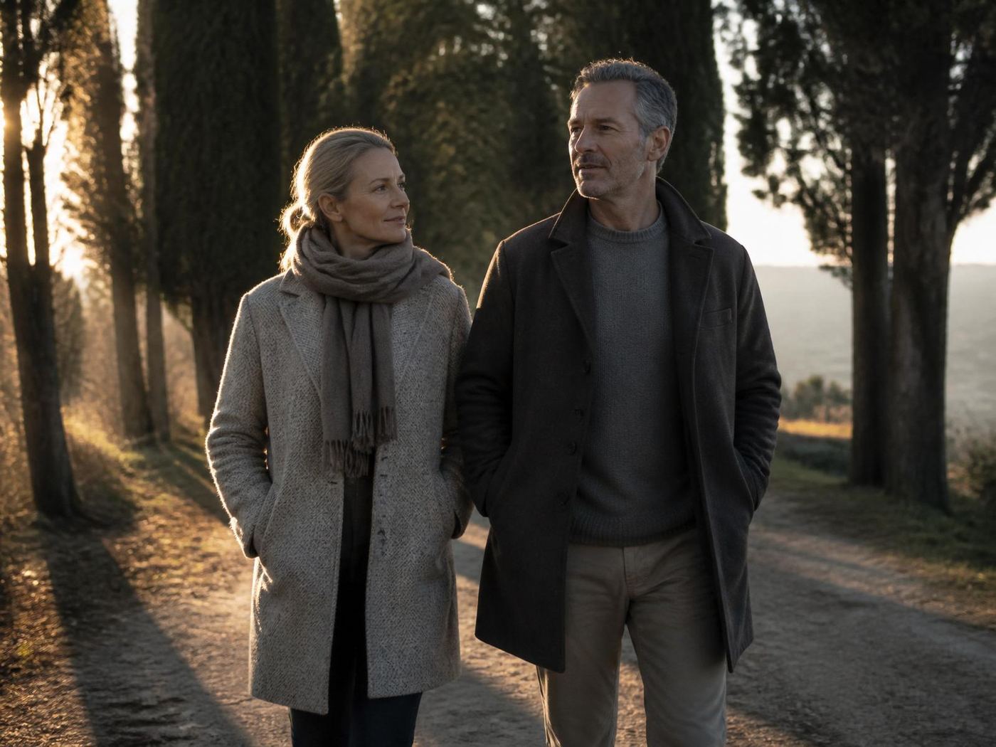 A couple in their mid 50s walking together along a tree-lined path at golden hour — vitality, the long game.