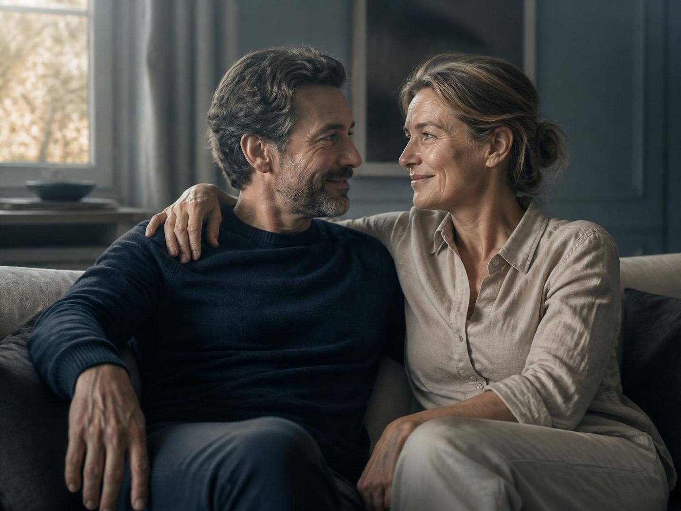 A couple in their early 50s sitting close on a sofa, looking at each other with a private smile — connection and warmth.