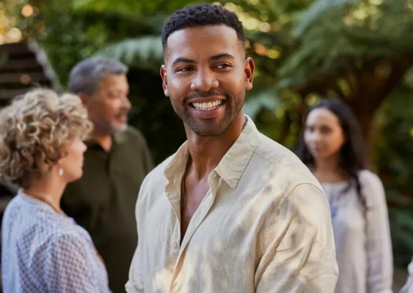smiling man enjoy wellness retreat outdoor utc